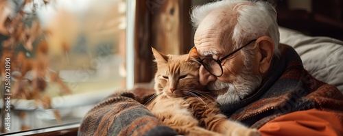 An older man is sitting on a bed with a cat on his lap. The cat is orange and the man is wearing glasses