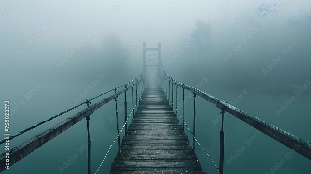 A bridge over a body of water with fog in the background. The bridge is wooden and he is old. There are birds flying in the sky above the bridge