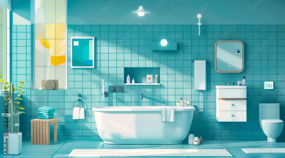 A tidy and modern bathroom with blue tiles featuring a bathtub and various amenities,ai generated A tidy and modern bathroom with blue tiles featuring a bathtub and various amenities,ai generated