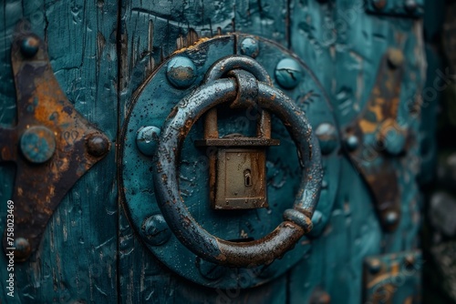 The image showcases an old-fashioned door knocker with a lock against a rustic blue door