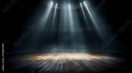 Stage illuminated by spotlights, abstract product placement background