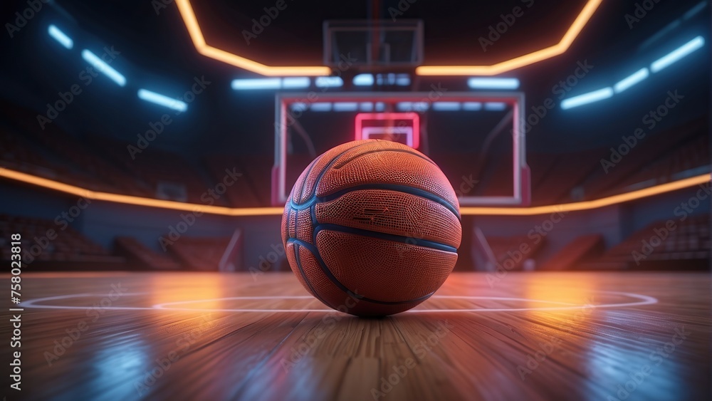 A basketball on the court in neon lighting. There will be an aggressive GAME! A basketball on the court in neon lighting. There will be an aggressive GAME!