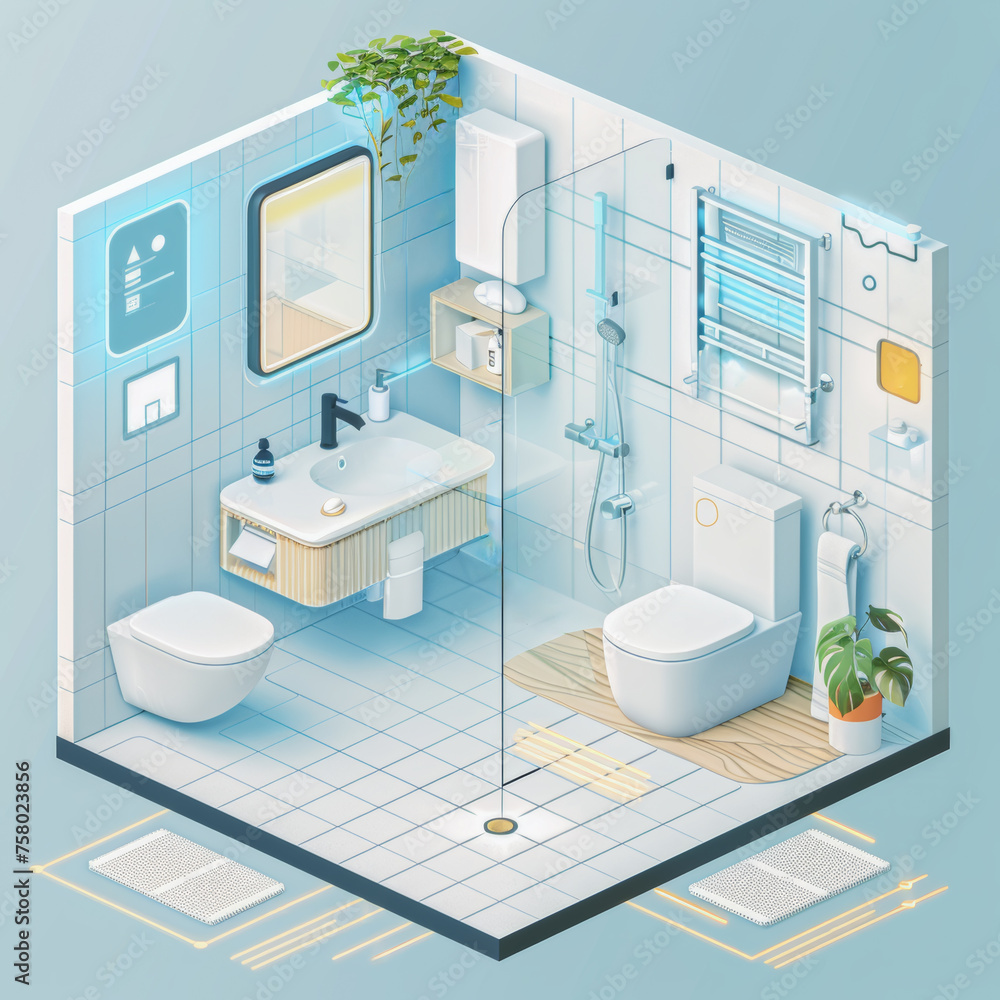 Isometric view of a bright bathroom in pastel tones with sleek, modern appliances,ai generated Isometric view of a bright bathroom in pastel tones with sleek, modern appliances,ai generated