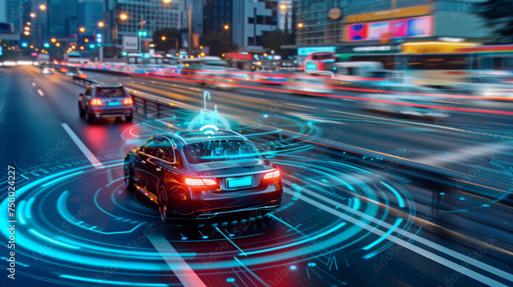 Autopilot in a car, a car moving through the streets with radars and sensors Autopilot in a car, a car moving through the streets with radars and sensors