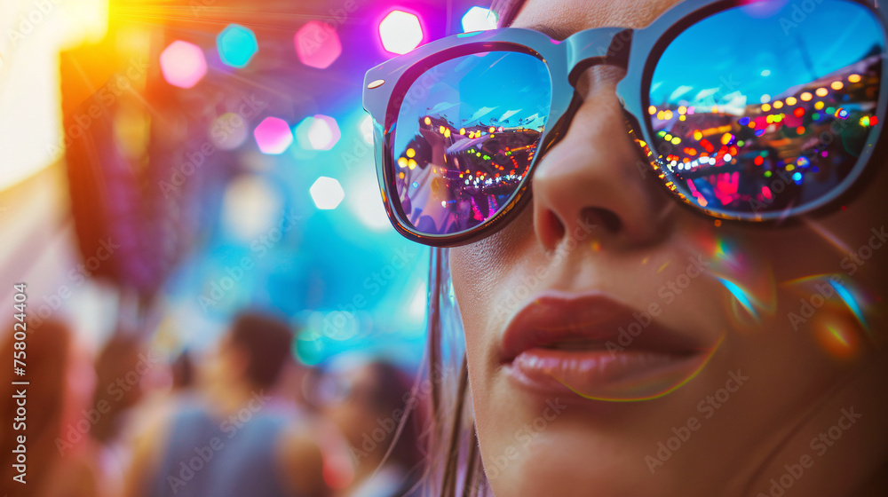 a pair of sunglasses on a party girl reflecting the vibrant colors of a summer festival