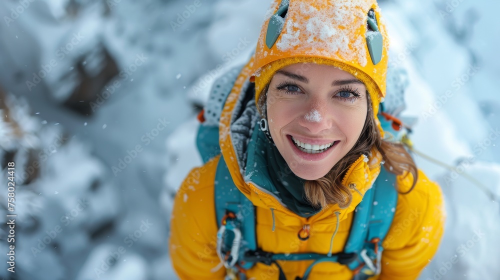 Cheerful female climber in a lime green harness adjusting her gear in snow Cheerful female climber in a lime green harness adjusting her gear in snow