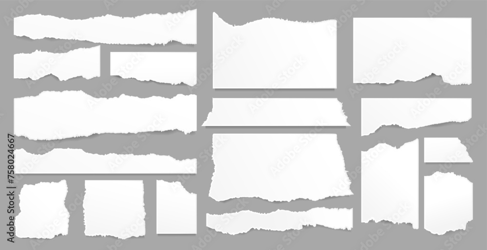 Set of white scrapbook torn note paper pieces, memo sheets or notebook shred. Paper scraps with torn edges vector illustration. Design for social media, banner, poster Set of white scrapbook torn note paper pieces, memo sheets or notebook shred. Paper scraps with torn edges vector illustration. Design for social media, banner, poster