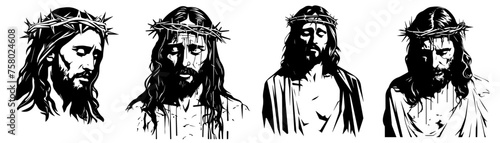 Jesus condemned to crucifixion with crown of thorns, black vector graphic