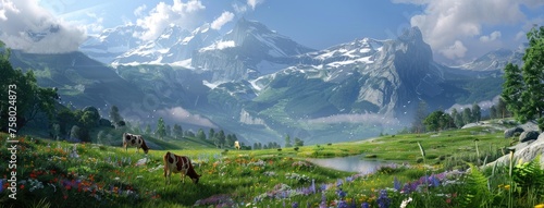 cows grazing in a quiet clearing adorned with vibrant wildflowers, set against a backdrop of lush greenery and snow-capped mountains, creating a picturesque scene of natural beauty.