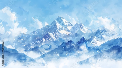 Watercolor landscape of a snow-capped mountain range under a clear blue sky © Putra