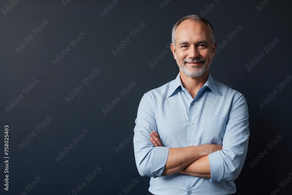 Middle-aged man wearing a blue office shirt confidently standing with arms crossed on a dark blue background with copy space.