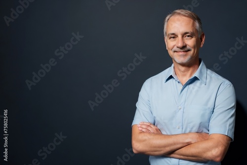 Middle-aged man wearing a blue office shirt confidently standing with arms crossed on a dark blue background with copy space.