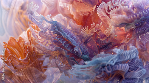 Abstract Coral Reef Micrography with Intricate Patterns and Vivid Colors, Resembling Underwater Life Forms photo
