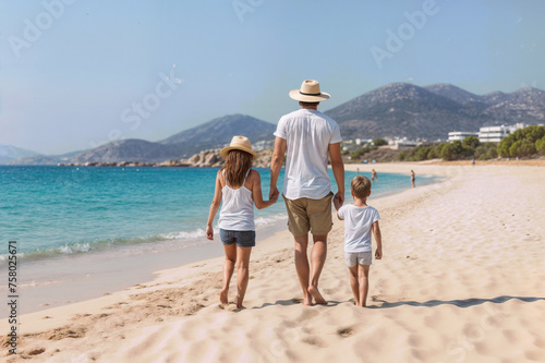 Caucasian Family of Three Walking on a Sunny Beach with Clear Blue Sky. Vacation, Leisure, Family Time