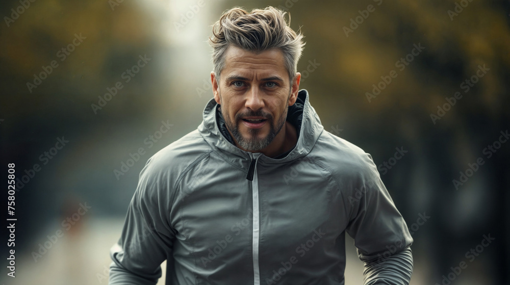 A Fit Middle-Aged Caucasian Man with Grey Hair Runs Outdoors, Showcasing Determination and a Commitment to Health and Fitness A Fit Middle-Aged Caucasian Man with Grey Hair Runs Outdoors, Showcasing Determination and a Commitment to Health and Fitness