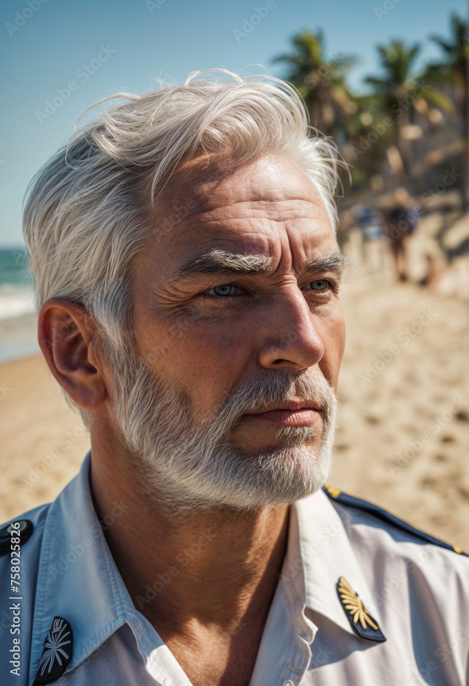 A man with white hair and beard wearing a uniform looks out at the beach. Generative AI