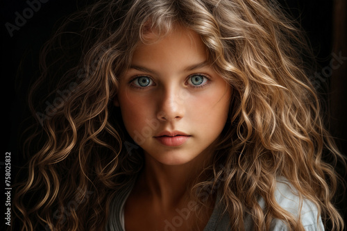 Portrait of a Young Girl with Captivating Deep Blue Eyes and Voluminous Curly Hair, Her Innocent Look Engaging and Soulful