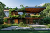 An eco house with a green roof, living walls