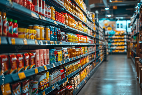 Empty supermarket  blurred background  personalize in-store