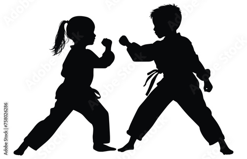 Two Child practicing karate silhouette, Two Child fighters in a match 