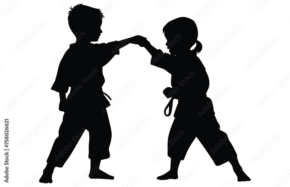 Two Child practicing karate silhouette, Two Child fighters in a match
