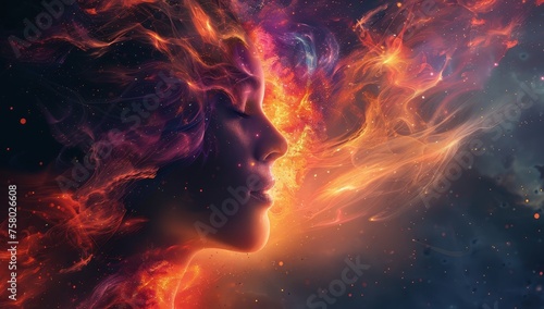 A digital art of the universe and cosmos within an ethereal being's head, with a double exposure effect. Mystical and surreal, with a beautiful cosmic background. 
