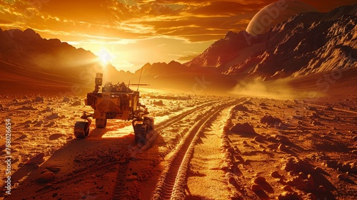 On a distant planet, a rover leaves tracks on crimson soil, searching for signs of life