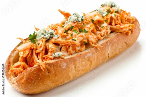 Buffalo Chicken Baguette   Shredded buffalo chicken topped with blue cheese on baguette slice food photogrphy photo