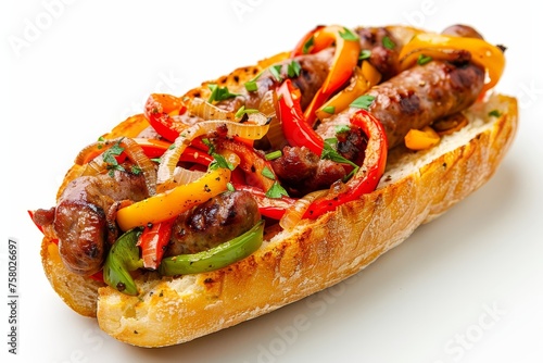 Italian Sausage and Peppers Baguette   Sliced Italian sausage with peppers and onions on a toasted baguette food photogrphy