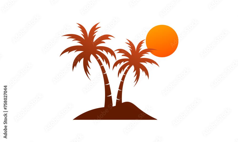 beach view logo design, sunset with island logo design vector illustration	
