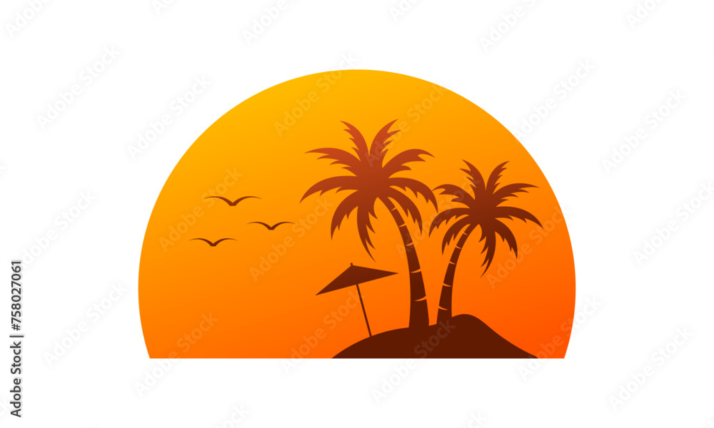 beach view logo design, sunset with island logo design vector illustration	
