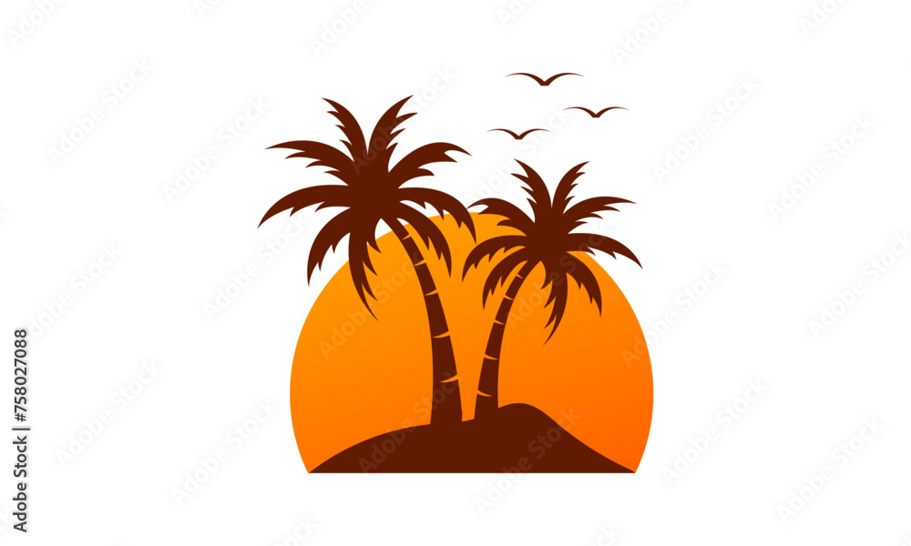 beach view logo design, sunset with island logo design vector illustration	

