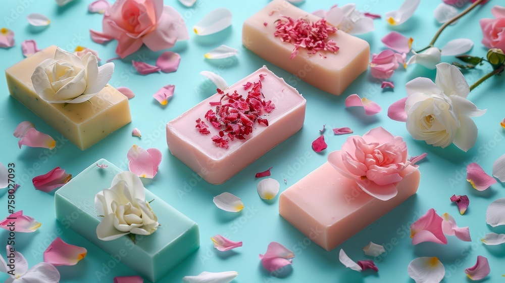 Vibrant handcrafted floral soaps displayed amidst scattered petals on a soft pastel background. Vibrant handcrafted floral soaps displayed amidst scattered petals on a soft pastel background.