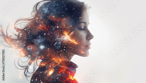 A double exposure of an ethereal woman's head with the universe and galaxies, creating a surreal blend that symbolizes vastness and mystery. 