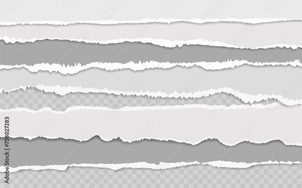 Set of grey scrapbook torn note paper, ripped pieces, memo sheets or notebook shred. Paper scraps with torn edges vector illustration. Design for social media, banner, poster - obrazy, fototapety, plakaty 