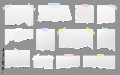 Set of torn note paper attached colorful plasters, ripped pieces, memo sheets or notebook shred. Paper scraps with torn edges vector illustration. Design for social media, banner, poster