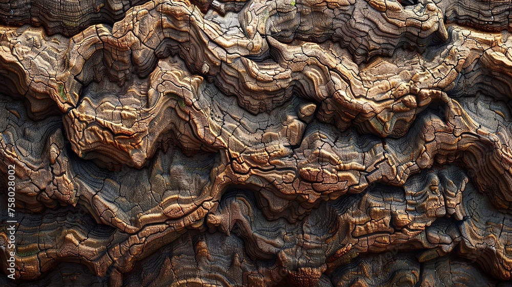 an ancient tree trunk, intricate bark patterns highlighted