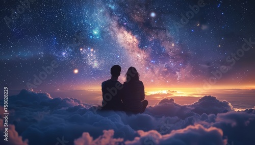 A beautiful couple sitting on the clouds, the sky full of stars. 