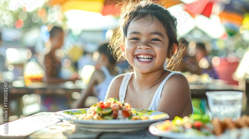 A smiling young child enjoying a meal at an outdoor market, surrounded by colorful umbrellas