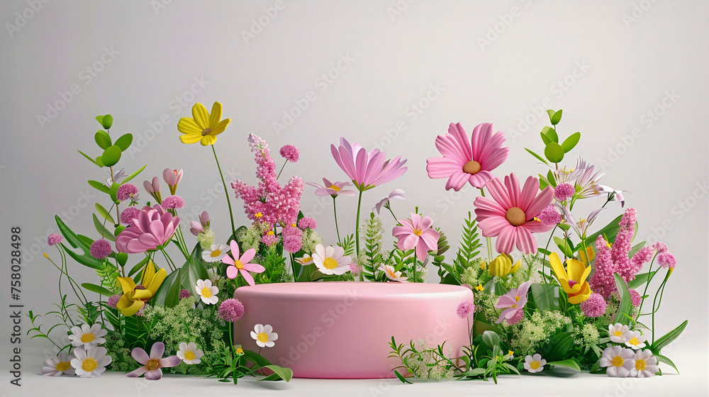 The round podium is decorated with flowers and leaves. Generative AI The round podium is decorated with flowers and leaves. Generative AI