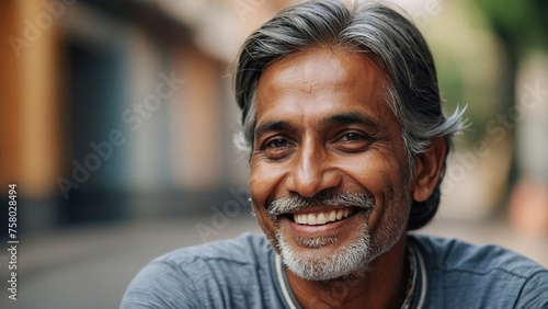 Happy adult Indian man smiling.
