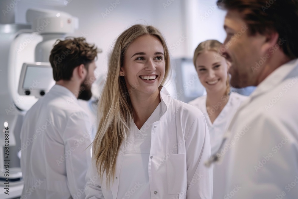 Dedicated healthcare team working with advanced diagnostic equipment in a modern clinic Dedicated healthcare team working with advanced diagnostic equipment in a modern clinic