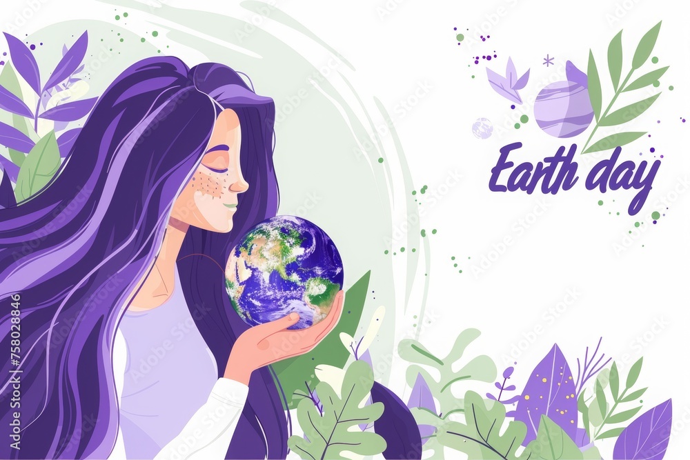 Naklejka premium happy mother earth day. a woman holding planet Earth in a simple flat style, with purple hair and a green leaves background. A banner about World Environmental Day, as an eco product promotion