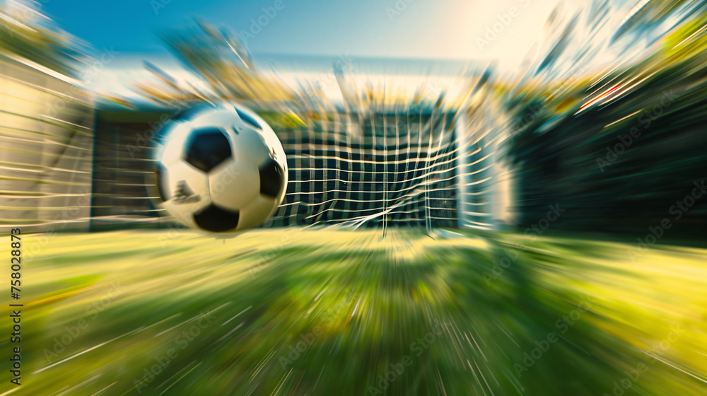a soccer ball soaring through the air in a powerful kick, leaving a trail of light in its wake - obrazy, fototapety, plakaty 