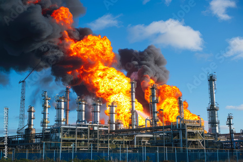 Powerful explosion and fire at an industrial oil refinery with a black cloud of smoke