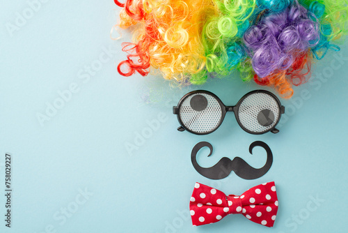 Obraz na plátně April Foolery display: top view photo with humorous goggles, buffoon's wig, neck