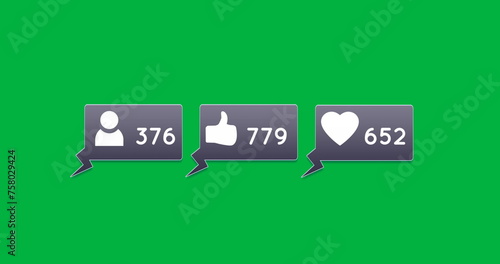 Image of Follow, like and heart button increasing in numbers with green background 4k