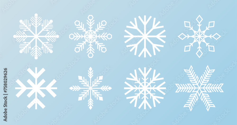 Snowflakes isolated on background. Christmas and New Year decoration elements. Crystals of different designs. Vector illustration.