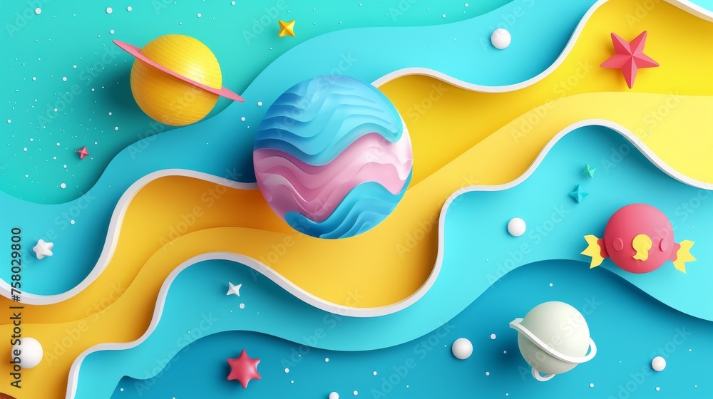 A modern illustration of a solar system background in the style of paper art