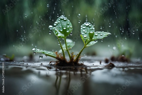 Plant that is growing out of the ground in the rain with water droplets on it